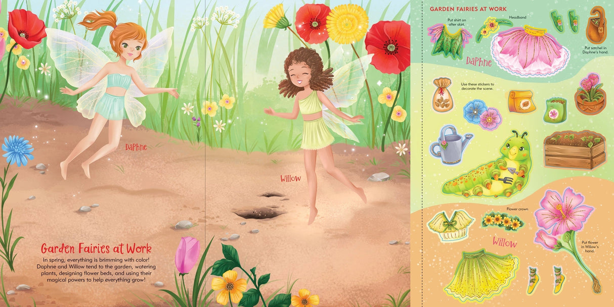 Illustration of two fairies in a garden with colorful flowers and a sticker sheet of fairy-themed clothes and accessories