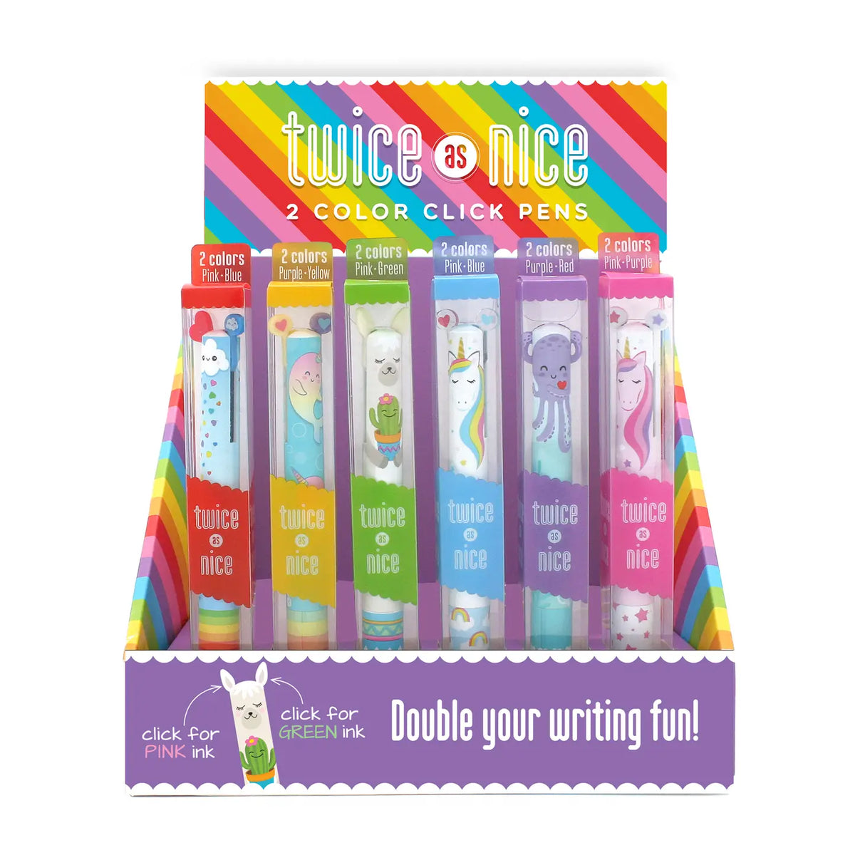 Twice as Nice 2 Color Click Pen Rainbow set with six colorful, double-ink pens featuring cute animal designs.