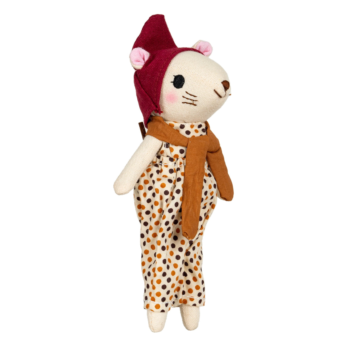 Soft fabric mouse doll wearing a red hat, brown scarf, and polka dot jumpsuit, standing upright on white background