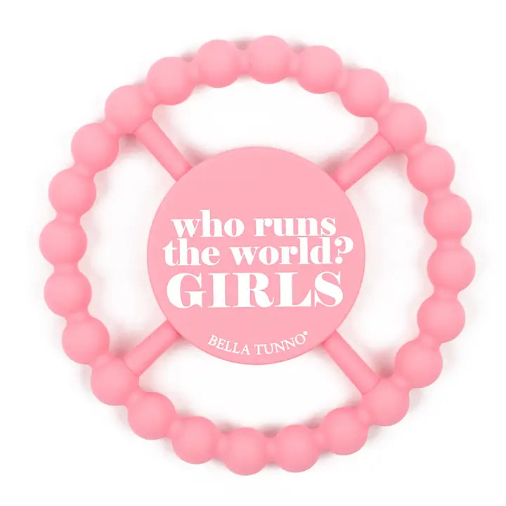 Pink silicone teether with "Who Runs the World" text, easy grip, safe for babies, Teether | Who Runs the World.
