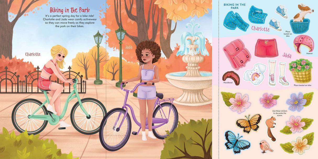 Two kids with bikes in a park surrounded by autumn trees and a sticker sheet with accessories and flowers