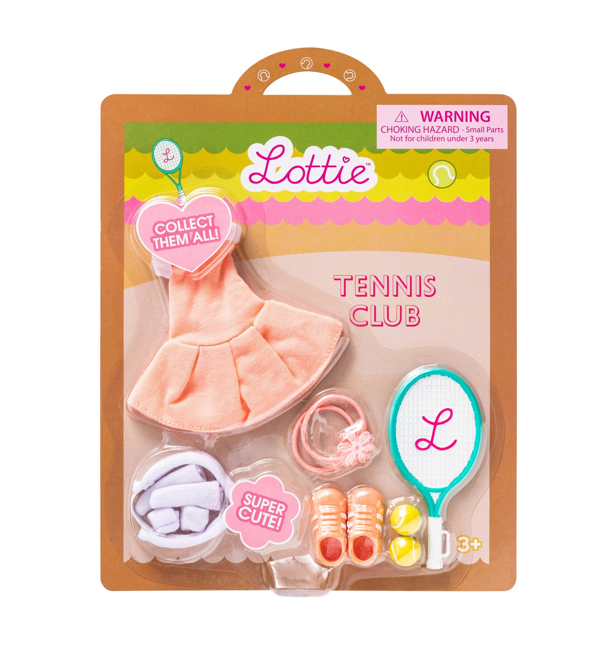 Lottie Tennis Club doll outfit set with pink dress tennis racket balls and accessories in packaging