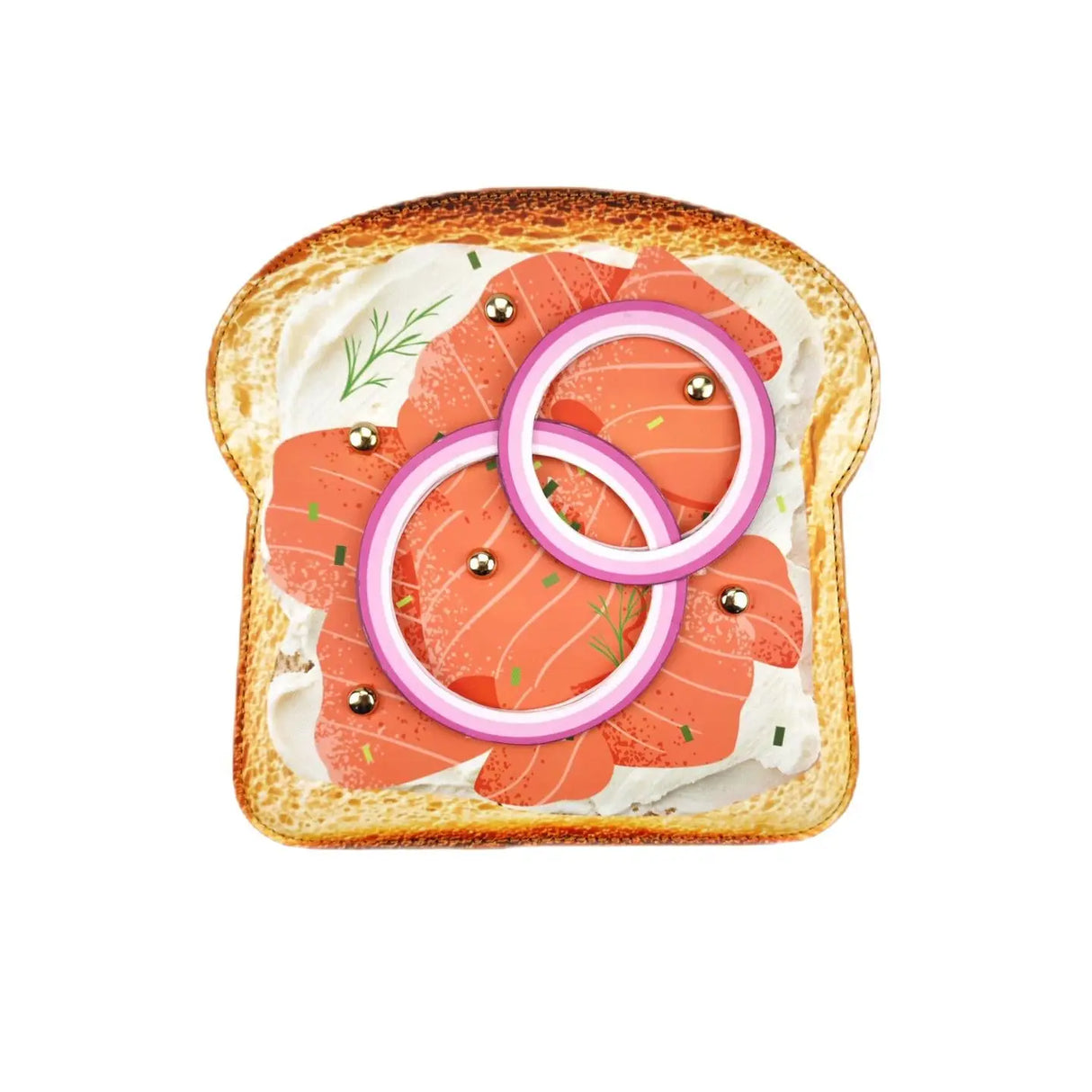Crossbody Handbag | Smoked Salmon Toast shaped like toast with cream cheese, smoked salmon, and garnishes design.