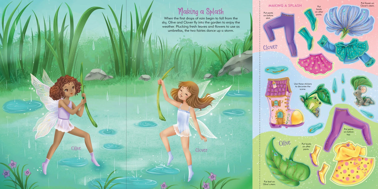 Open sticker activity book showing fairy characters with wings playing in rain and removable clothing stickers on a page