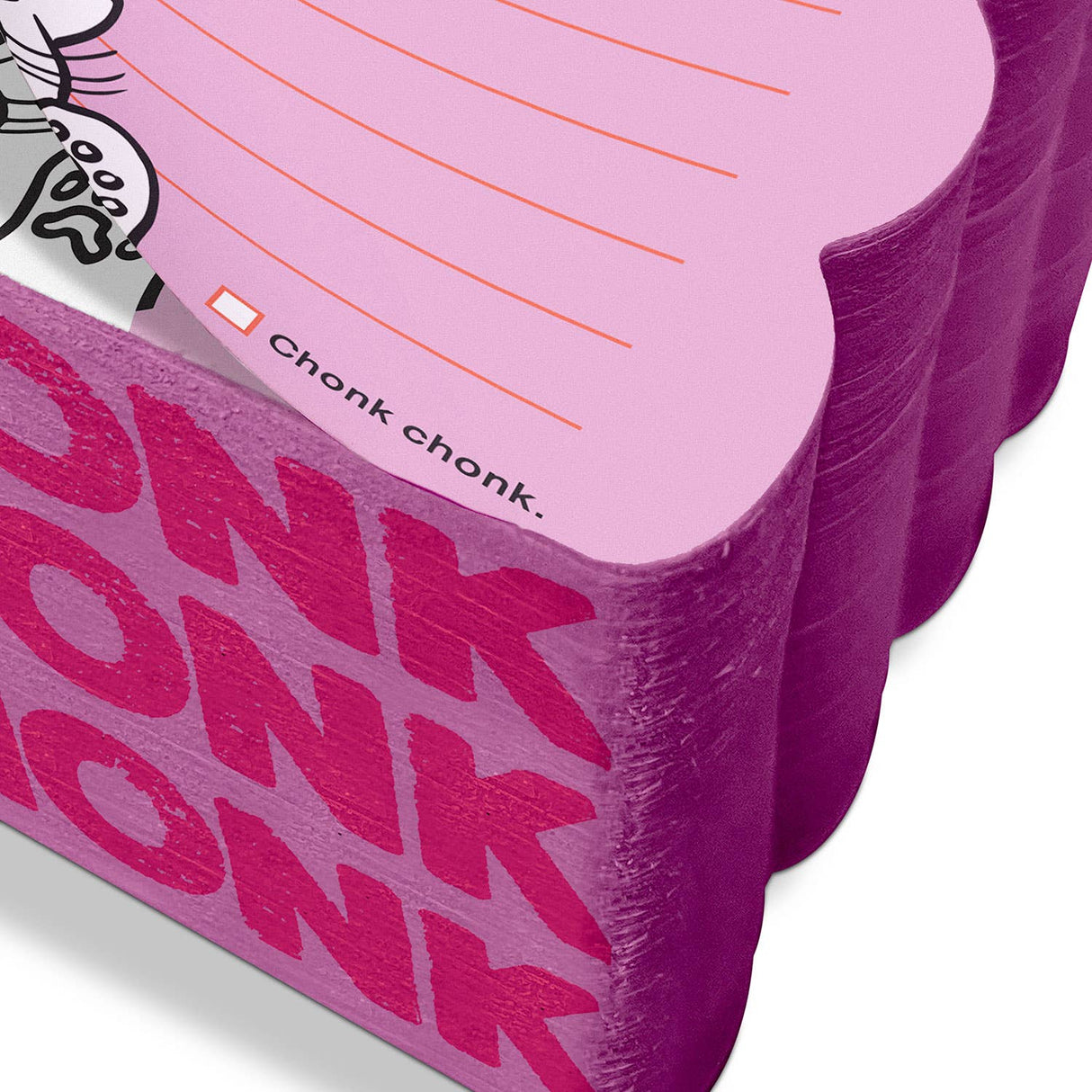 Close-up of a thick, purple scalloped-edge notepad with bold pink text and lined pink sheets for notes and doodles
