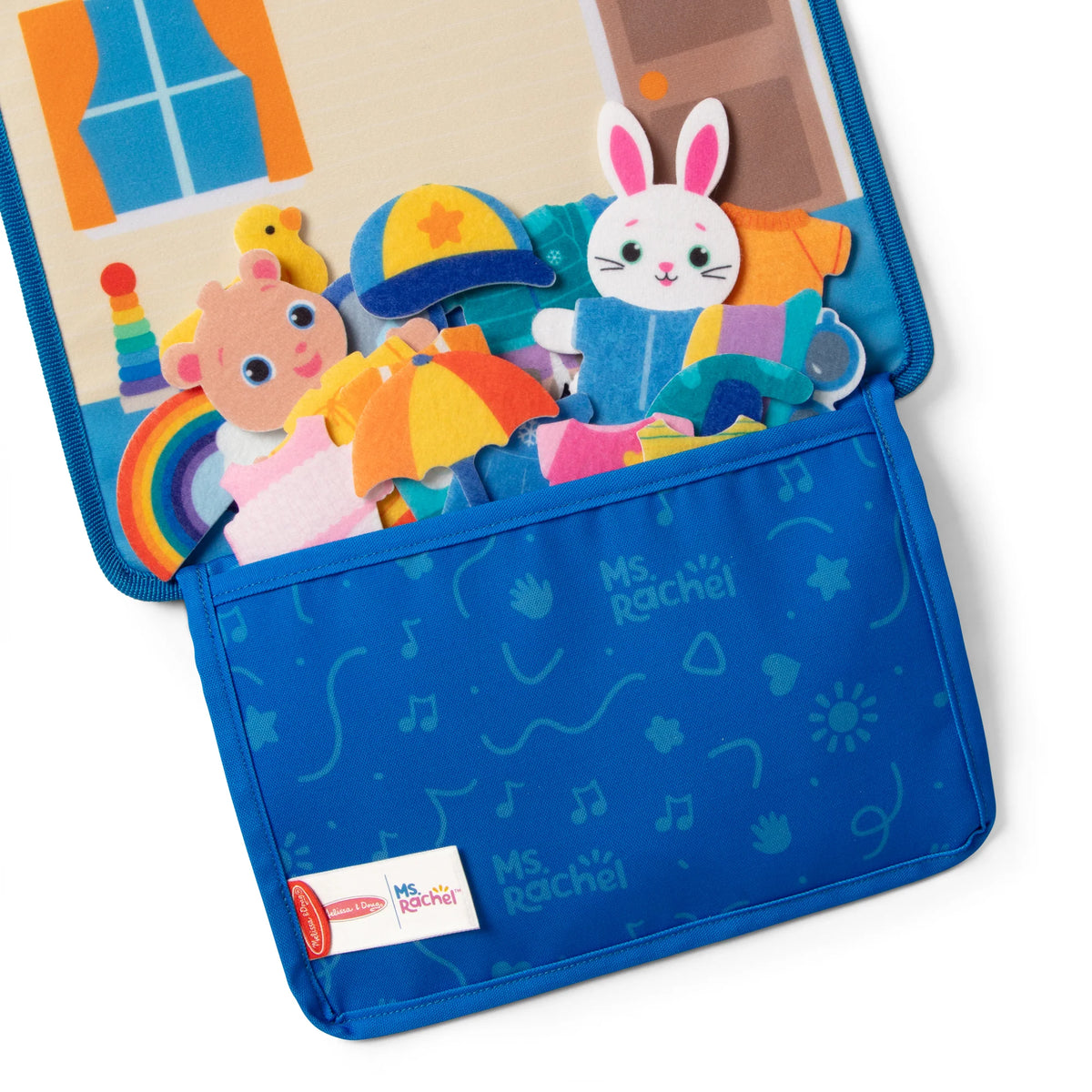 Ms Rachel What to Wear Felt Activity with colorful felt clothing and characters in a blue case