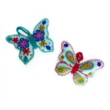 Colorful Butterfly Ornament handmade in Peru with vibrant hand embroidered designs on plush felt butterflies.