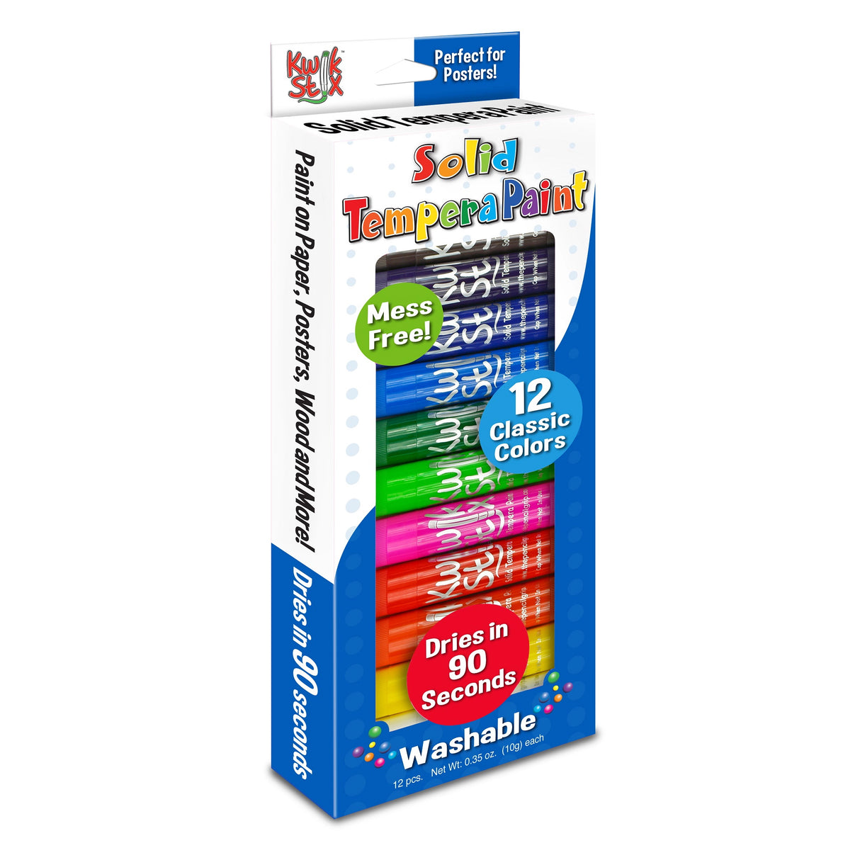 Kwikstix Tempura Paint | Classic Colors 12-pack solid tempera paint sticks, mess-free, dries in 90 seconds, washable.