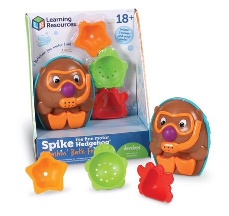 Spike Hedgehog Splashin Friend bath toy with floating hedgehog and four colorful shape shells for water play.