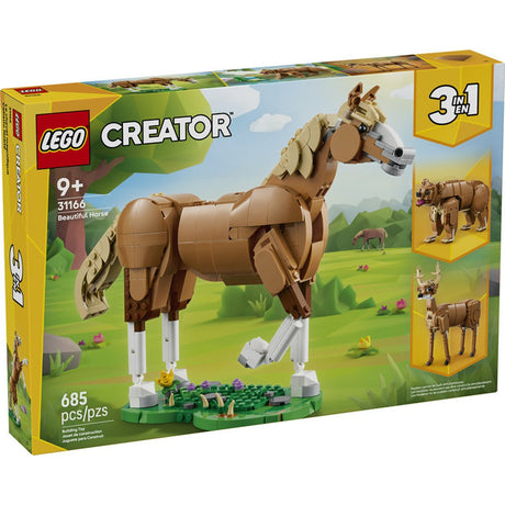 LEGO Creator 3-in-1 building set featuring a posable horse on a grass base for kids 9 and up with 685 pieces