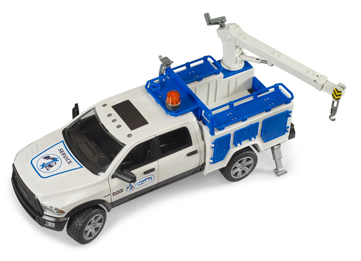 RAM 2500 Service Truck toy model with extendable crane, storage compartments, and rotating beacon light in white and blue design.