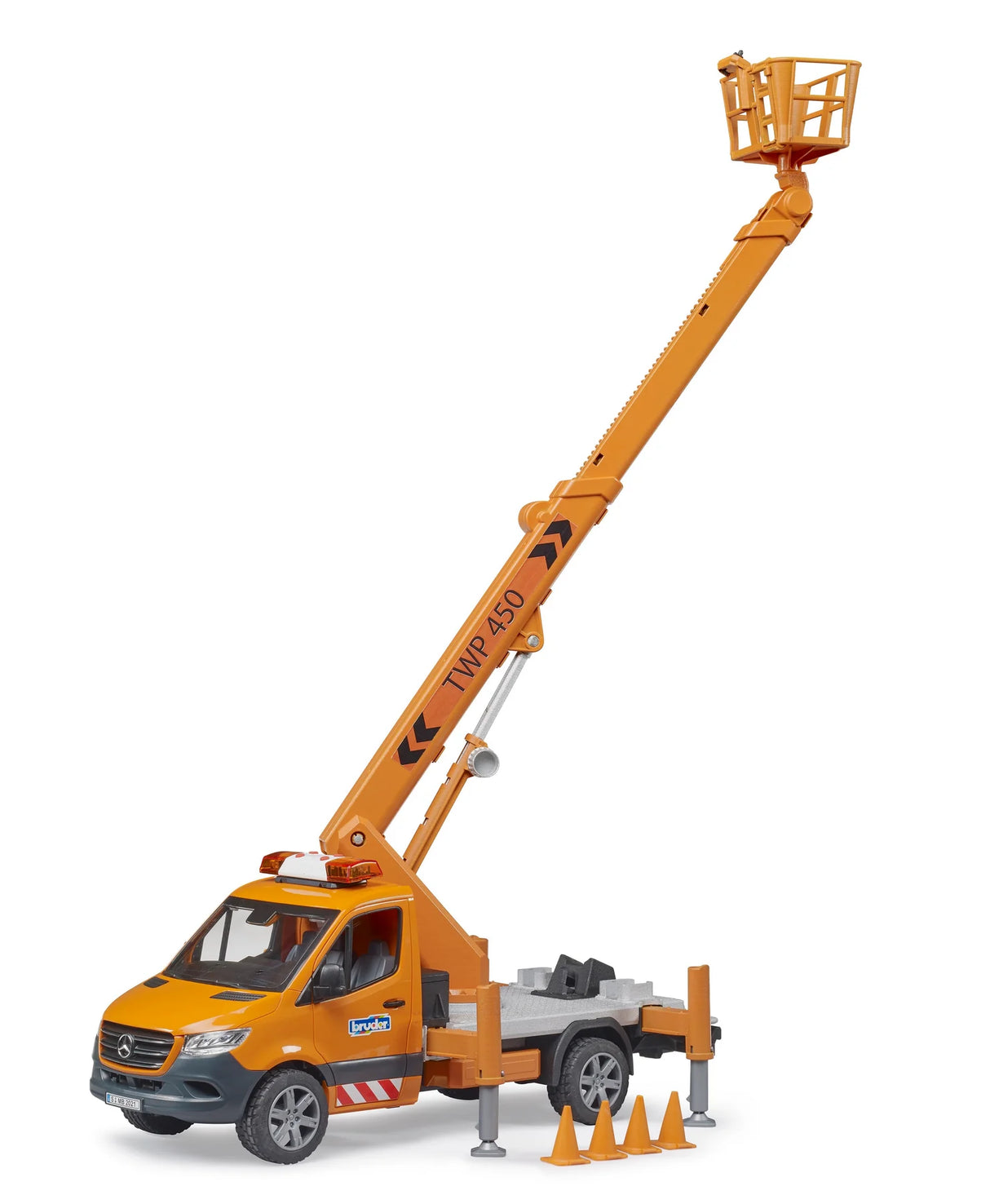 MB Sprinter w/ Platform toy with extendable crane boom, stabilizers, and safety cones for elevated work tasks.