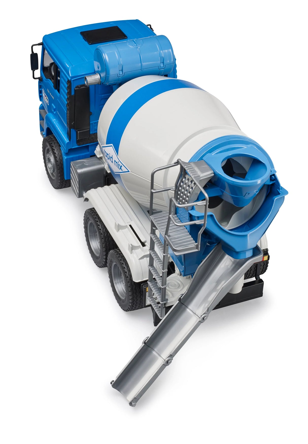 Blue and white toy cement mixer truck with detailed cabin, rotating drum, ladder, and metal chute on white background