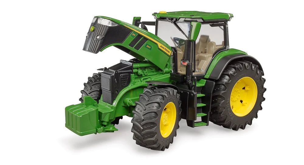 John Deere 7R 350 Tractor toy with fully glazed cabin, opening engine hood, and large off-road tires in green and yellow.