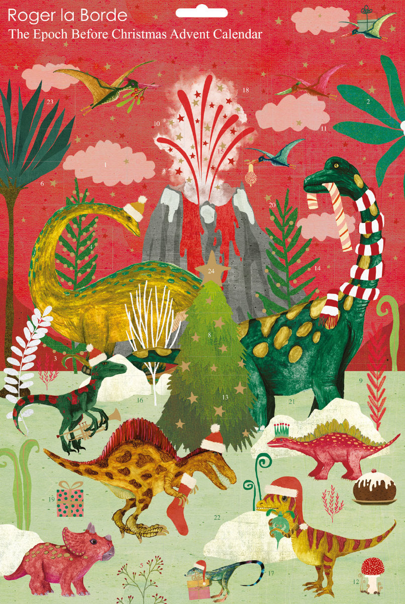 The Epoch Before Christmas Advent Calendar with festive dinosaur illustrations and 24 die cut windows.