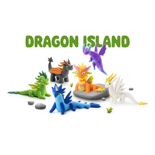 Hey Clay Dragon Island with colorful green blue orange white and purple clay dragons on display