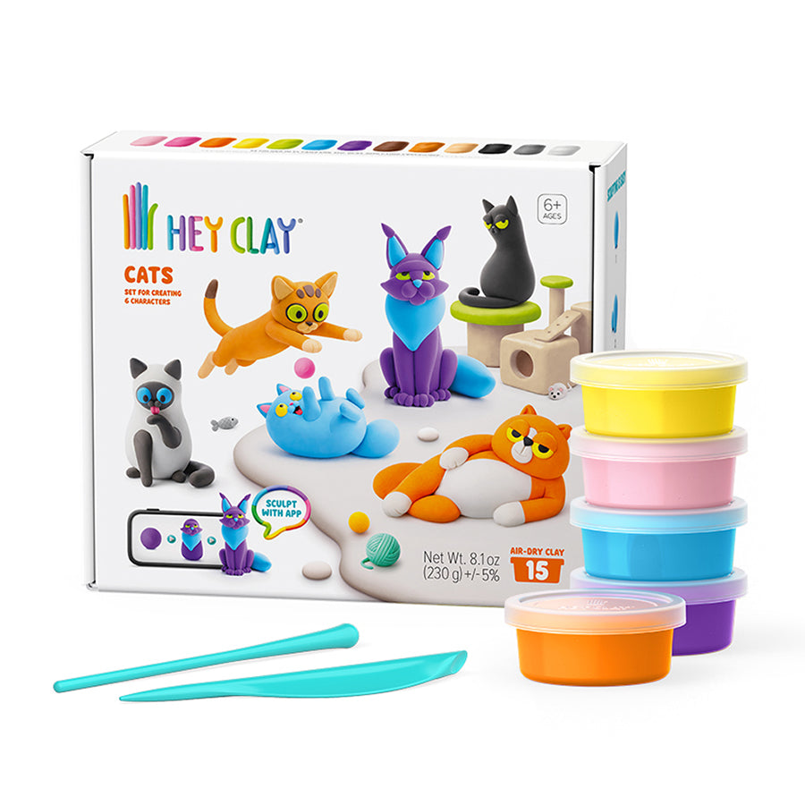 Hey Clay Cats modeling clay set with colorful clay tubs tools and playful cat creations