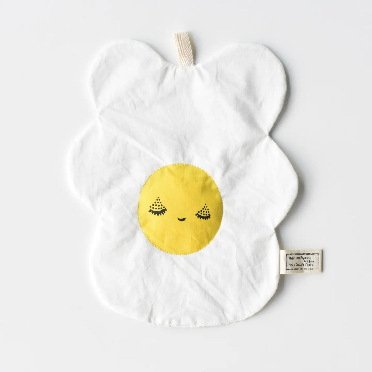 Organic Crinkle Toy | Egg with a smiling yellow yolk face, made of 100% organic cotton for baby sensory play.