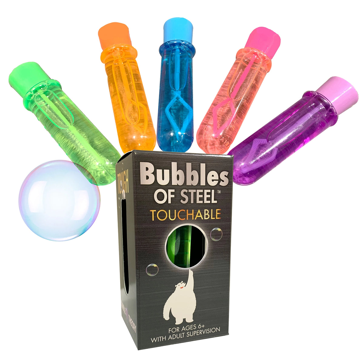 Bubbles of Steel: Touchable Bubbles science toy with colorful bubble tubes and floating bubble display