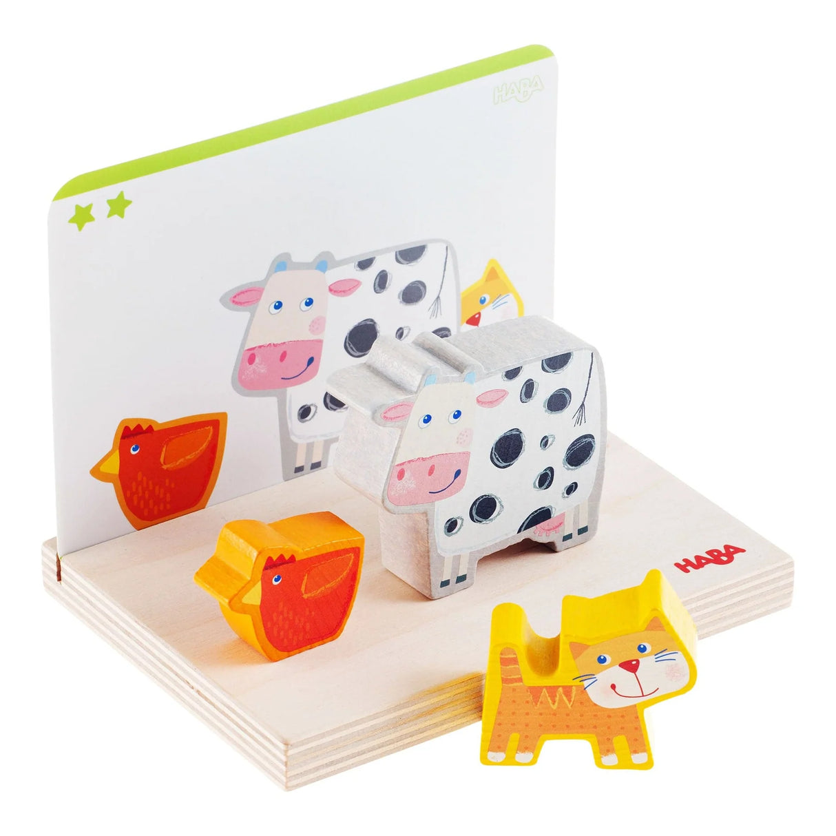 Wooden farm animal stacking toy with colorful cat, cow, and chicken pieces on a sturdy base with matching template card.