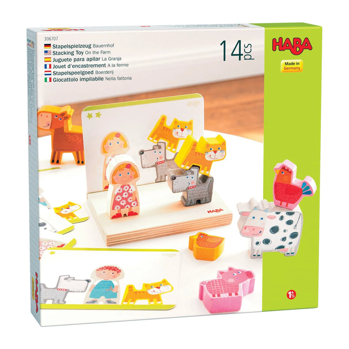 Wooden farm animal stacking toy with illustrated characters and sturdy base for children’s creative play and learning.