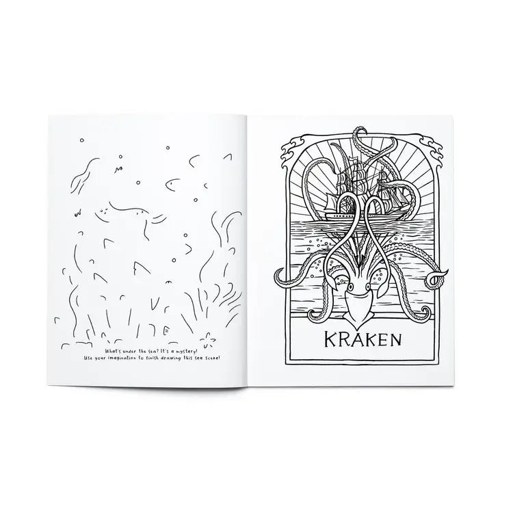 Open coloring book featuring a detailed Kraken illustration and a hidden image underwater activity page