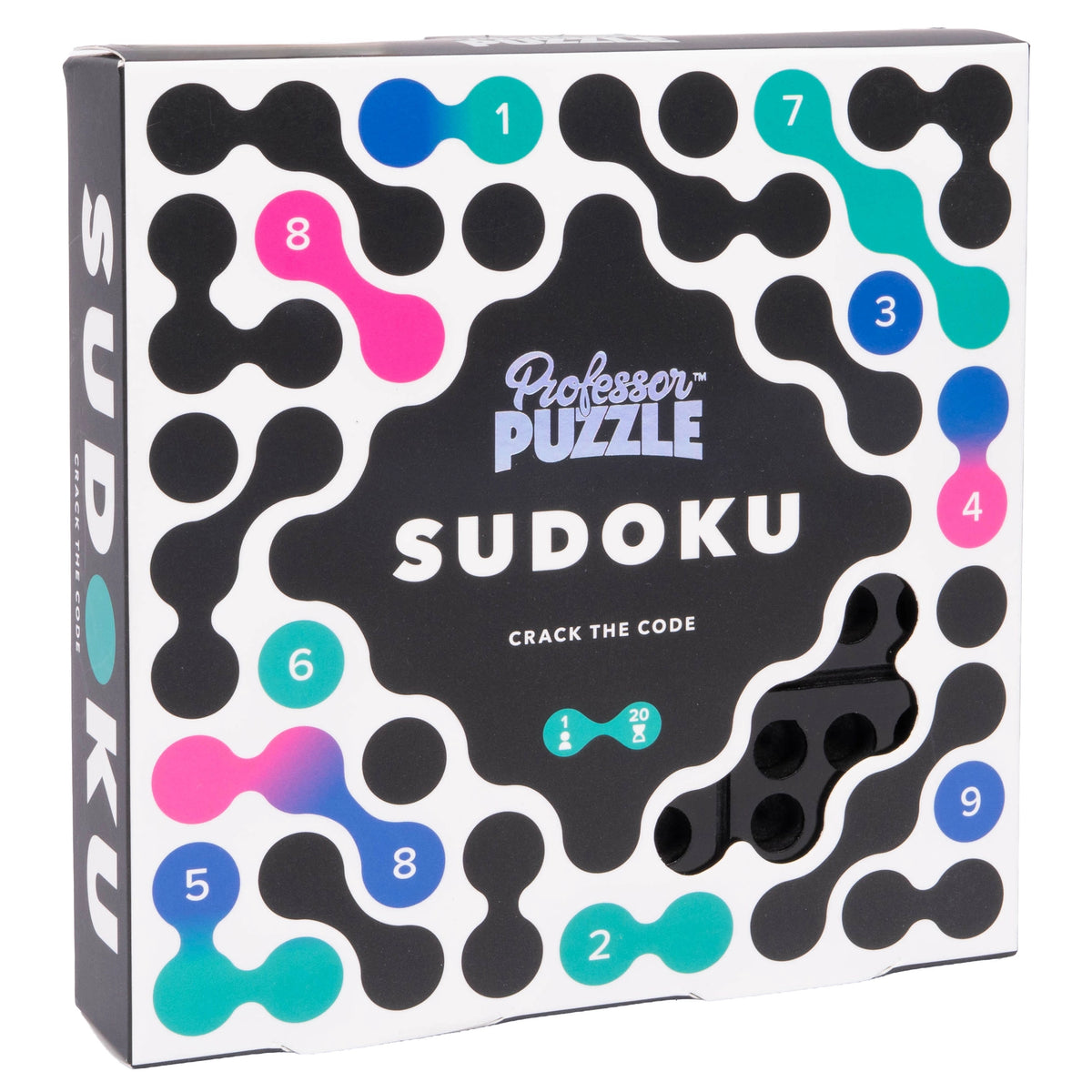 Sudoku puzzle box with colorful numbered pieces and a black and white interlocking design