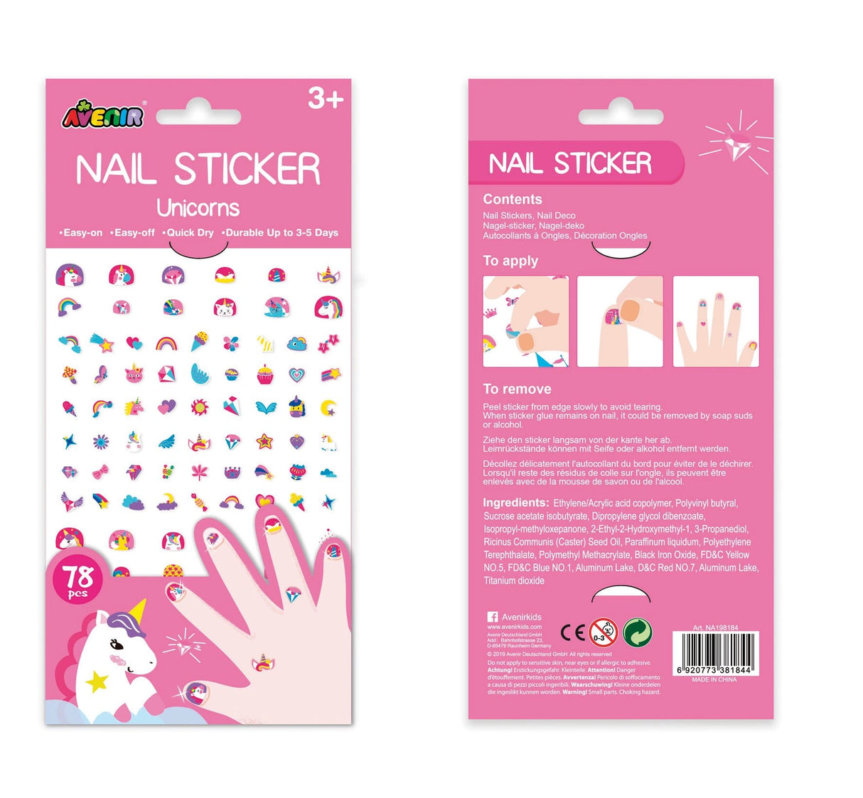 Colorful unicorn-themed nail stickers for kids, featuring easy application and fun decorative designs on fingertips.