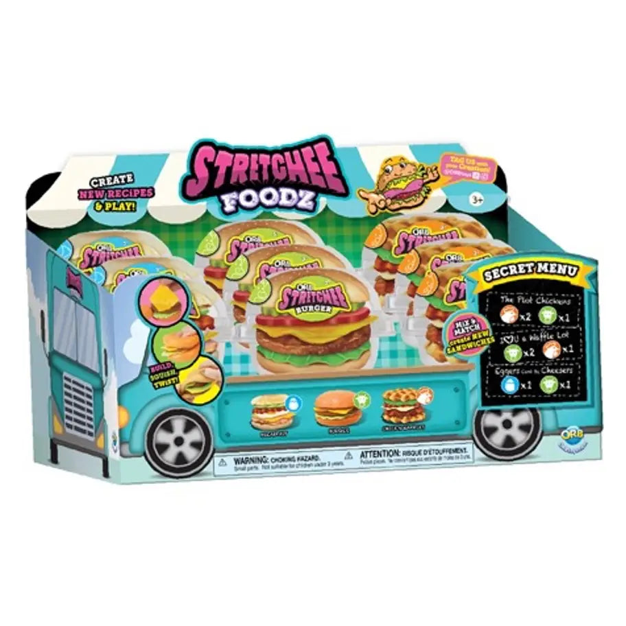 Stretchee Foodz Secret Menu Squishy food truck toy display with assorted stretchy and squishy sandwich toys for kids.