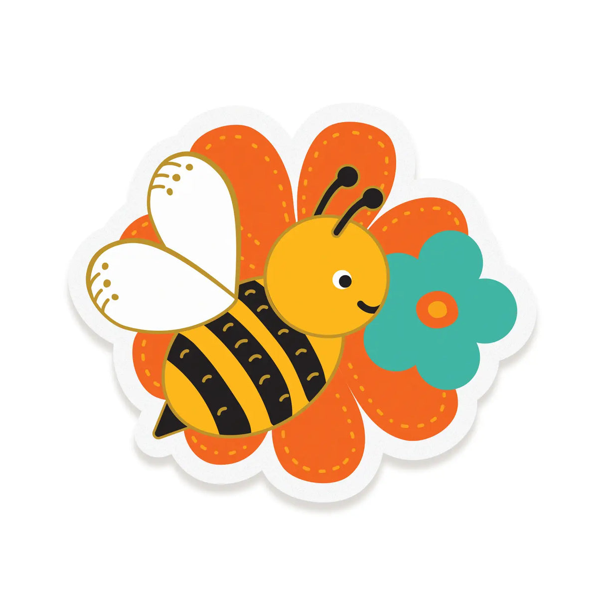 Happy Bee-Day Sticker Birthday Card with a cute bee on orange flower and blue flower vinyl sticker design.