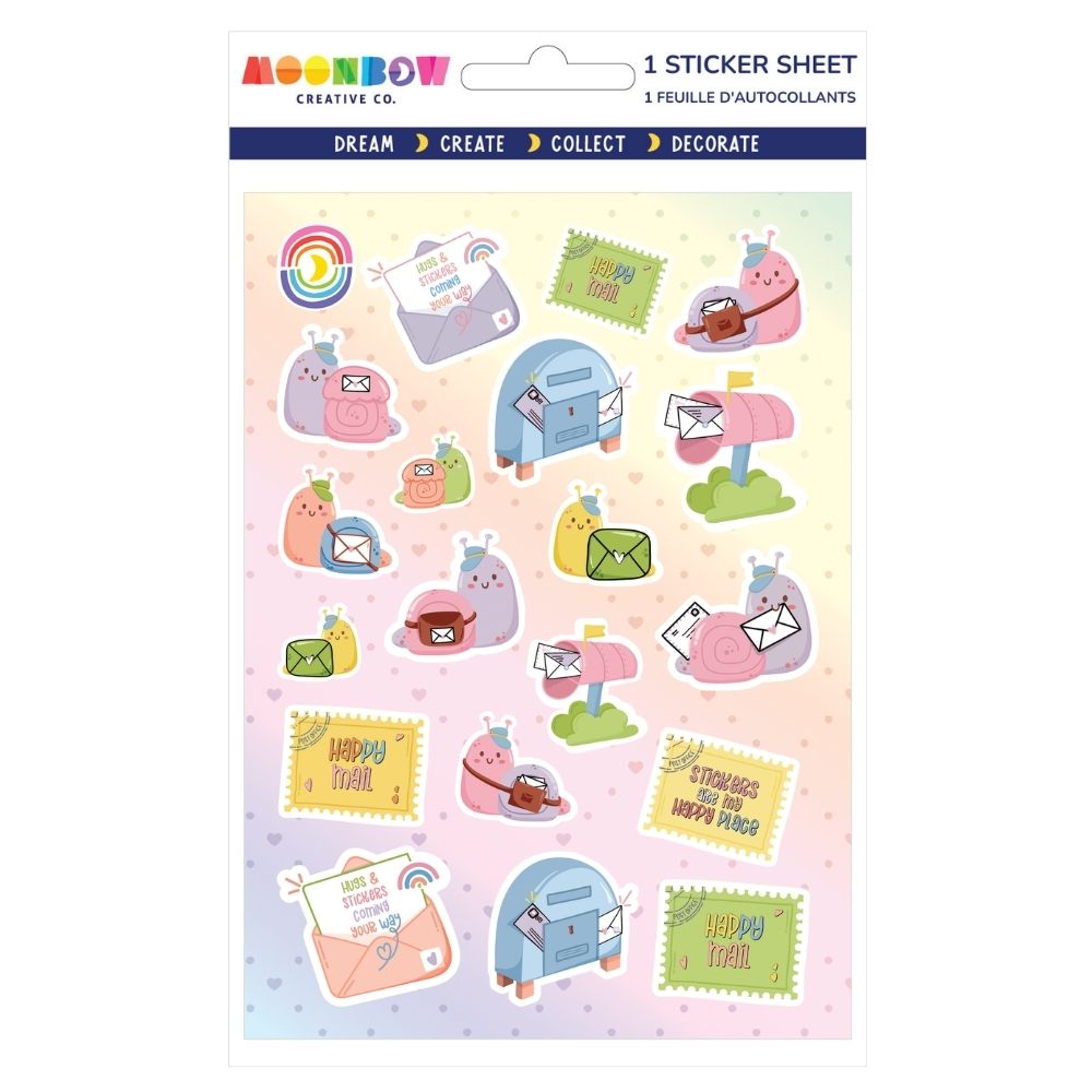 Sheet of colorful snail and mail-themed glossy stickers with glitter accents on a pastel background