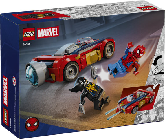 LEGO Marvel set featuring Spider-Man and Venomized Wolverine with a red racing car on the box background.