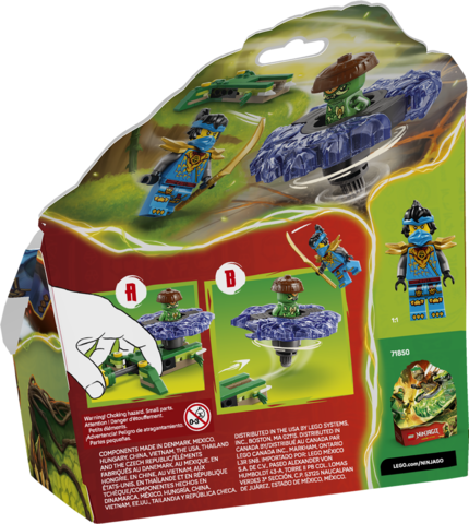 Ninjago toy set with Nya and Mutation Monster spinner battling with launcher and spinning action in colorful packaging.