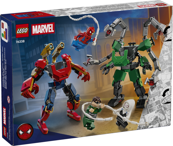 LEGO Marvel Spider-Man and Doc Ock mech figures battle with Ghost-Spider and a villain minifigure on city street background