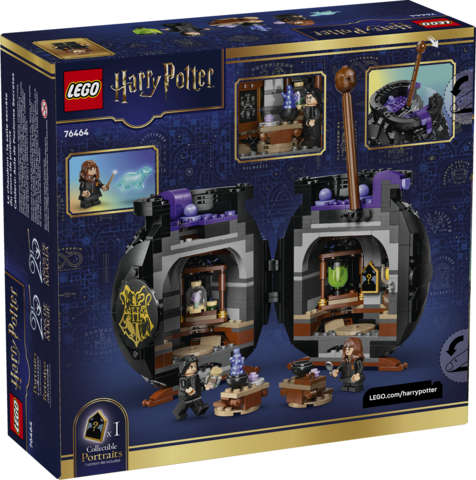 Harry Potter cauldron set opens to reveal secret potions classroom with tables, blackboard, potion bottles, and minifigures.