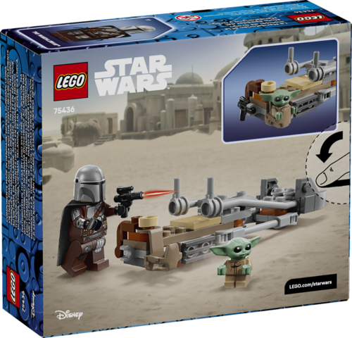 LEGO Star Wars set featuring The Mandalorian minifigure with blaster and Grogu figure on a speeder bike.