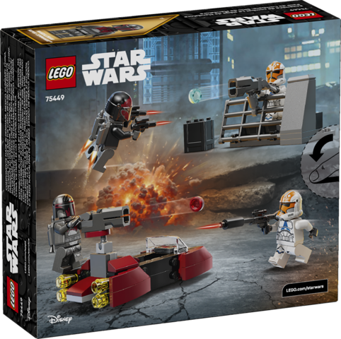 LEGO Star Wars set showing Mandalorian Super Commandos battling 332nd Clone Troopers in Siege of Mandalore scene