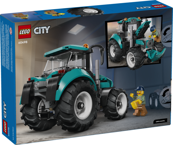 LEGO City tractor toy with teal color, large rubber tires, and farmer minifigure opening hood on gray background.