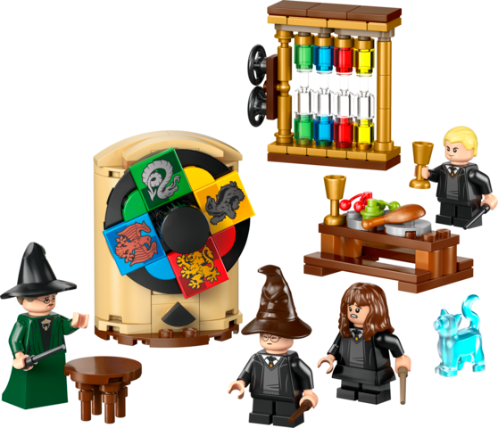 LEGO minifigures acting out Hogwarts Sorting Hat ceremony with house crest spinner and potion bottles set