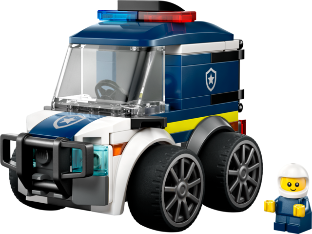Toy police truck building kit with large wheels and a smiling police officer figure wearing a white helmet