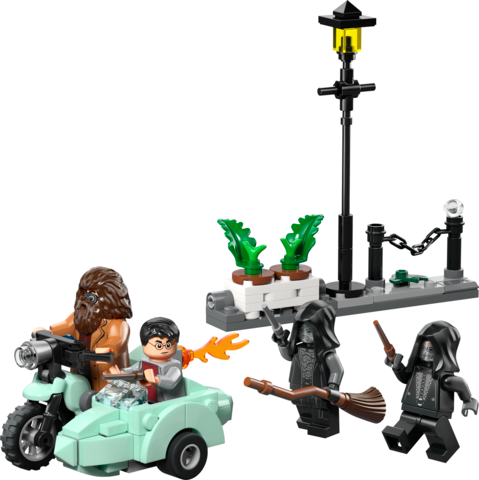 LEGO Harry Potter set featuring Hagrid on motorcycle with sidecar and Harry escaping from Death Eaters at Privet Drive scene.