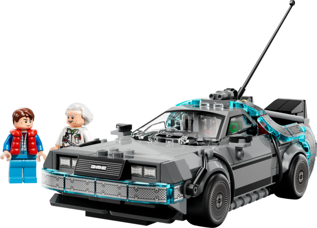 Toy version of the iconic DeLorean time machine with figures of Marty McFly and Doc Brown for imaginative play