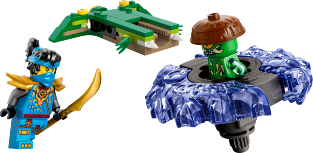 Blue ninja minifigure with sword facing a green monster minifigure spinning in a translucent blue launcher toy