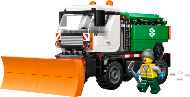 Model snowplow toy with rubber tires, movable plow, salt spreader, and a smiling driver minifigure with tools.