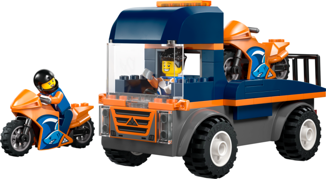 Toy flatbed truck with two motorcycles and two driver minifigures for imaginative play and storytelling