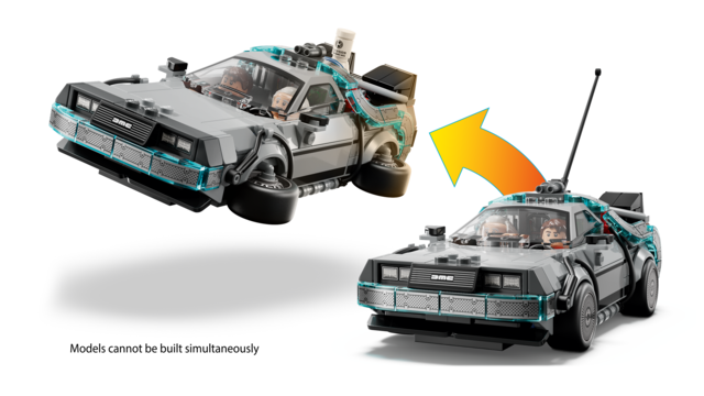Two Back to the Future characters inside a gray time machine car toy with detailed lightning effects and rotating wheels