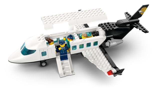 Toy model airplane with open door, foldable stairs, and minifigures seated inside for imaginative play.