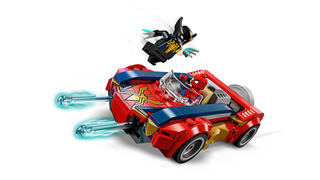 Spider-Man driving a red and blue race car with Venomized Wolverine flying above in black and yellow suit