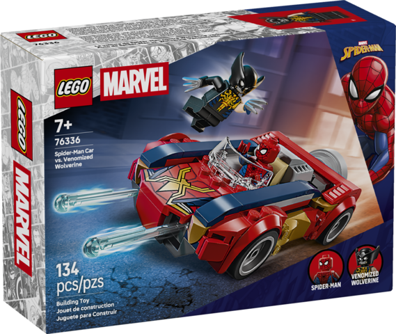 LEGO Marvel Super Heroes set featuring Spider-Man driving a red car chasing Venomized Wolverine figure in action scene