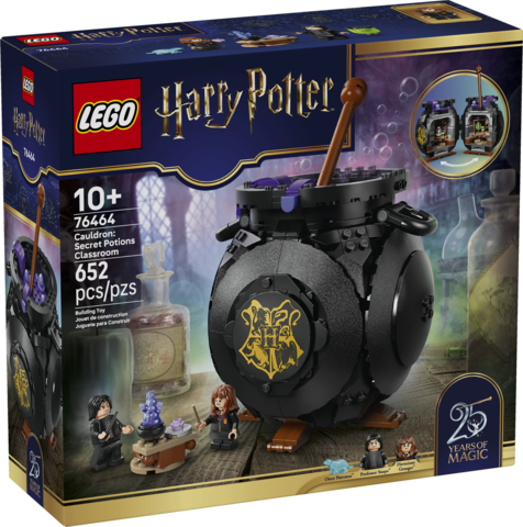 LEGO Harry Potter cauldron with stirring stick, miniature potion bottles, blackboard, and wizard classroom figures.